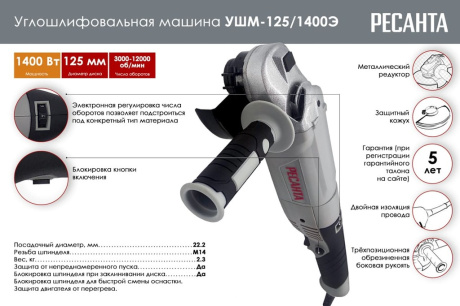 Купить УШМ  болгарка  Ресанта УШМ-125/1400Э 75/12/5 фото №2