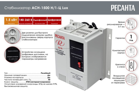 Купить Стабилизатор напряжения РЕСАНТА Lux АСН-1500Н/1-Ц настенный 63/6/20 АСН-1500Н/1-Ц фото №9